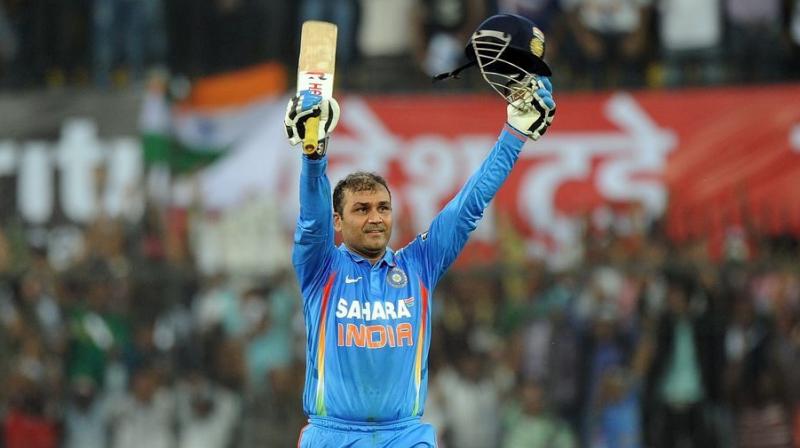 Virender Sehwag after scoring a double century in Indore Cricket Stadium